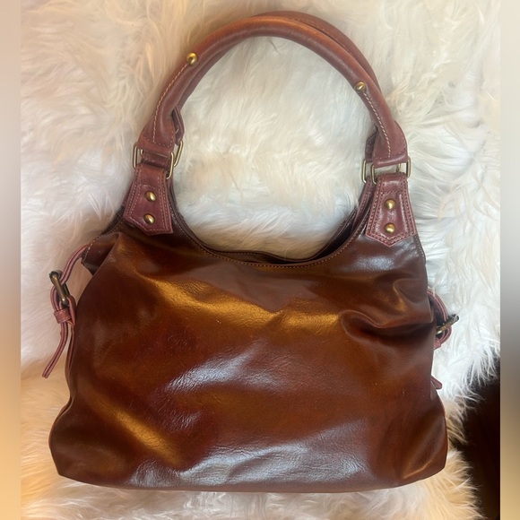 Satchel hobo style purse in faux leather reddish brown color bag.     S - Picture 2 of 12